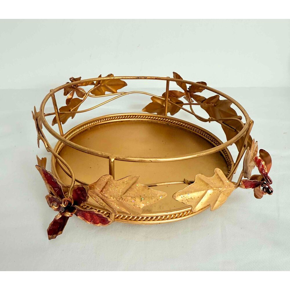 Gold Round Decorative Metal‎ Tray With Leaf Design